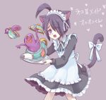  1boy ahoge allister_(pokemon) alternate_costume ame_katsuo animal_ears apron bangs black_hair blurry blush bright_pupils buttons commentary_request crossdressing dress enmaided frills heart holding holding_tray long_sleeves maid maid_headdress male_focus mole mole_under_mouth open_mouth pokemon pokemon_(creature) pokemon_(game) pokemon_swsh polteageist purple_eyes raised_eyebrows short_hair sinistea tail teeth tongue translation_request tray upper_teeth white_apron 