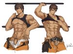 2boys abs adventurer_(ff14) anjingkuxiao ardbert_(ff14) bangs bara bare_pectorals belt black_tank_top blue_eyes brown_hair closed_mouth clothes_lift facial_hair final_fantasy final_fantasy_xiv highres large_pectorals lifted_by_self looking_at_viewer male_focus male_pubic_hair male_underwear multiple_boys muscular muscular_male nipples open_belt open_pants orange_pants pants pectorals penis penis_peek pubic_hair short_hair stubble tank_top underwear white_male_underwear 