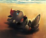  animal_focus beach blue_eyes bright_pupils closed_mouth commentary_request frown full_body lying no_humans on_back outdoors pokemon pokemon_(creature) salanchu sand shore signature solo water zorua 