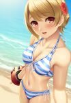  1girl annette_koenig bangs bare_shoulders beach bikini blonde_hair blush breasts brown_eyes cleavage collarbone eyebrows_visible_through_hair flower from_above god_eater hair_bun hair_flower hair_ornament halter_top halterneck highres looking_at_viewer navel ocean open_mouth red_eyes short_hair smile solo striped striped_bikini swept_bangs swimsuit watanuki_kaname 