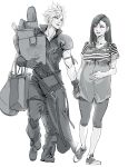 1boy 1girl armor blue_eyes blush breasts cloud_strife earrings final_fantasy final_fantasy_vii final_fantasy_vii_remake gloves greyscale highres holding_hands jewelry long_hair monochrome pregnant red_eyes shoulder_armor spiked_hair spykeee1945 tifa_lockhart 