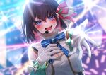  1girl :d azki_(hololive) backlighting bangs blue_bow blue_bowtie blurry blurry_background blush bow bowtie brown_hair colored_inner_hair depth_of_field dutch_angle eyebrows_visible_through_hair gloves hair_between_eyes hair_ribbon hand_on_own_chest headset highres hololive hololive_idol_uniform jacket long_hair looking_at_viewer mikan_(chipstar182) multicolored_hair outstretched_arm purple_eyes red_hair red_ribbon ribbon shirt short_hair smile solo stage_lights upper_body virtual_youtuber white_gloves white_jacket white_shirt 