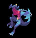  black_background claws commentary creature full_body garchomp highres no_humans pokemon pokemon_(creature) salanchu sharp_teeth signature simple_background solo teeth 