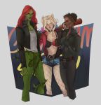  3girls absurdres baseball_bat batman_(series) catsuit catwoman colored_skin dark-skinned_female dark_skin dc_comics fishnets green_skin harley_quinn highres mashe_(marceline2174) multiple_girls poison_ivy red_hair selina_kyle short_hair shorts twintails whip 