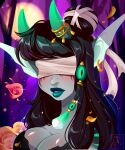  2022 black_hair clothed clothing dark_elf detailed_background digital_media_(artwork) ear_piercing ear_ring elf forest hair horn humanoid night outside pacevanrign piercing plant tree 