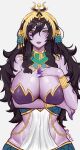  1girl absurdres black_hair breasts cleavage colored_skin eyebrows half-closed_eyes hand_on_own_chest highres indie_virtual_youtuber large_breasts lips long_hair looking_at_viewer parted_lips purple_skin slit_pupils smile solo vexoria_the_sun_eater virtual_youtuber waki_(w4kih) yellow_eyes 