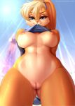  2022 absurd_res anthro anxiety-chan areola breasts clothing digital_media_(artwork) eyebrows female front_view genitals hair hands_behind_back hi_res lagomorph leporid lola_bunny long_ears looking_at_viewer looney_tunes mammal nipples outside pussy rabbit solo warner_brothers 