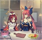  2girls :o animal_ear_fluff animal_ears apron bangs bare_shoulders benienma_(fate) blue_bow blue_kimono blush bow breasts carrot cleavage commentary commission cooking cutting_board detached_collar detached_sleeves english_commentary eyebrows_visible_through_hair fate/extra fate/grand_order fate_(series) fire food fox_ears fox_girl fur_trim hair_between_eyes hair_bow hat highres holding holding_food holding_ladle japanese_clothes kimono kitchen kitchen_knife ladle large_breasts long_hair long_sleeves looking_at_another multiple_girls noise notice_lines obi pelvic_curtain pink_hair pointing pot potato red_eyes red_hair sash sidelocks somda split_ponytail stove tamamo_(fate) tamamo_no_mae_(fate/extra) vegetable wide_sleeves yellow_eyes 