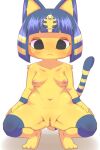  animal_crossing ankha_(animal_crossing) anthro areola blue_body blue_fur blue_hair blush breasts bunnag butt_from_the_front clitoris crouching domestic_cat felid feline felis female fur genitals hair hands_on_legs hi_res looking_down mammal multicolored_body multicolored_fur nintendo nipples nude pussy simple_background solo spread_legs spreading two_tone_body two_tone_fur uraeus video_games yellow_body yellow_fur 