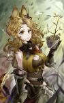  1girl absurdres animal_ears arknights bare_shoulders black_gloves blonde_hair breasts brown_eyes cat_ears cleavage commentary gloves highres holding large_breasts long_hair looking_at_viewer parted_lips plant potted_plant qilunuo quercus_(arknights) sleeveless smile solo upper_body 