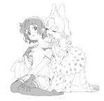  2girls :o animal_ear_fluff backpack backpack_removed bag bangs bare_shoulders bow bowtie closed_eyes elbow_gloves extra_ears eyebrows_visible_through_hair full_body gloves greyscale hair_between_eyes hands_on_another&#039;s_shoulders highres kaban_(kemono_friends) kemono_friends kneeling kona_ming legwear_under_shorts monochrome multiple_girls open_mouth pantyhose print_bow print_bowtie print_gloves print_legwear print_skirt serval_(kemono_friends) serval_print shirt short_hair short_sleeves shorts sitting sketch skirt sleeveless sleeveless_shirt tail teeth thighhighs wariza 