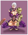 1girl after_sex aftersex armor blood blue_hair blush breasts censored cleavage cum cum_string dark_penis double_h gauntlet gauntlets honjyoo huge_breasts interracial isabella_valentine leotard lipstick makeup midriff navel nipple_slip nipples penis pussy see-through short_hair solo soul_calibur soulcalibur_ii squatting thighhighs torn_clothes virgin white_hair wince wink 