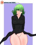  ahoge akkoh arms_behind_back artist_name black_dress border breasts closed_mouth collarbone covered_navel curly_hair dress green_eyes green_hair impossible_clothes looking_at_viewer medium_breasts no_panties one-punch_man patreon_username purple_background pussy short_hair simple_background solo standing tatsumaki white_border 