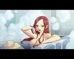  1girl bath blush breasts brown_eyes cleavage erza_scarlet fairy_tail female knees long_hair naked nipple nipples nude red_hair sexy smile solo steam tattoo teeth water wet 