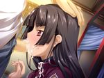  black_hair censored chinese_clothes clothed clothed_sex cum cum_in_mouth cum_on_clothes dutch_angle facial fellatio hand_on_head koihime_musou long_hair oral penis purple_eyes shuutai 