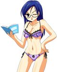  angry blue_eyes blue_hair blush book bra breasts cleavage glasses highres lingerie long_hair navel nurimaru panties purple_bra purple_panties underwear underwear_only wink 