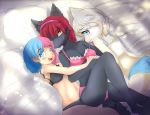  black_fur blue_eyes blue_hair blush breasts butt canine clothing female fur group hair human looking_at_viewer lying mammal oumseven pink_hair red_hair underwear white_hair yellow_eyes 