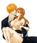  bleach blush breast_grab breasts brown_eyes carry carrying couple grabbing inoue_orihime kurosaki_ichigo lowres nipples orange_hair 