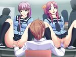  3girls ayakawa_haruki brown_hair censored cg circle_hitori desk drool female fingering footwear game_cg girl green_eyes kenzaki_saori labcoat long_hair multiple_girls no_panties open_mouth pink_hair public purple_hair pussy pussy_juice saliva school_uniform schoolgirl sex short_hair sitting skirt socks soushin_jutsu_3 soushinjutsu_3 spread_eagle spread_legs teacher teacher_and_student threesome uwabaki vibrator yoshimine_rei yuri 