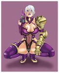  armor blue_hair blush breasts cameltoe cleavage double_h female full_body gauntlet gauntlets gradient gradient_background honjyoo huge_breasts isabella_valentine leotard lipstick makeup middle_finger midriff navel nipple_slip nipples see-through short_hair solo soul_calibur soulcalibur_ii squatting thighhighs white_hair 