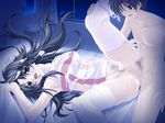  1boy 1girl bed black_hair blue_eyes breasts censored cleavage climax cum cum_explosion cum_in_mouth cum_on_body cum_on_breasts cum_on_hair cum_on_upper_body cum_string cum_trail doutei_clinic facial game_cg large_breasts long_hair lying nurse on_back open_mouth overflow sex smile sperm spread_legs stocking thighhighs 