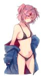  1girl alternate_costume bangs bikini black_bikini collarbone cowboy_shot doki_doki_literature_club flat_chest hair_tie head_tilt jacket jacket_partially_removed looking_at_viewer looking_up medium_hair natsuki_(doki_doki_literature_club) navel pink_hair purple_eyes shaded_face simple_background smile solo sora_(efr) swimsuit tareme two_side_up white_background 