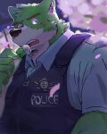  2022 anthro black_nose bodily_fluids canid canine canis cherry_blossom clothing detailed_background domestic_dog eating food green_body hi_res humanoid_hands kemono male mammal nekodon_san outside plant police shirt slightly_chubby solo sweat topwear tree 