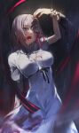  1girl absurdres arm_up bangs black_ribbon blood blood_in_hair blood_on_clothes blood_on_face breasts breasts_apart collared_dress dress eyebrows_visible_through_hair fate/stay_night fate_(series) hair_between_eyes hair_ribbon highres long_dress long_hair matou_sakura medium_breasts open_mouth purple_eyes purple_hair rain red_ribbon rei_no_himo ribbon shigure_(shigure_43) short_sleeves solo standing straight_hair white_dress wing_collar 