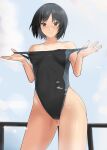  1girl absurdres amagami bangs bare_shoulders black_hair black_swimsuit bob_cut breasts closed_mouth clothes_pull competition_swimsuit cowboy_shot highleg highleg_swimsuit highres looking_at_viewer nanasaki_ai one-piece_swimsuit short_hair smile solo swimsuit swimsuit_pull tan tanlines ykh1028 