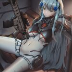  1girl armored_bodysuit assault_rifle bangs black_bodysuit blunt_bangs bodysuit breasts close-up commentary covered_navel cross_hair_ornament girls&#039;_frontline green_eyes gun h&amp;k_hk416 hair_ornament hip_gear hk416_(girls&#039;_frontline) hk416_(midnight_evangelion)_(girls&#039;_frontline) indoors large_breasts long_hair magazine_(weapon) multicolored_bodysuit multicolored_clothes official_alternate_costume persocon93 rifle scope shell_casing silver_hair sitting solo teardrop_facial_mark teardrop_tattoo weapon white_bodysuit 