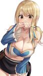  1girl amagi_korona bangs bare_shoulders black_skirt blonde_hair blue_vest breasts brown_eyes cleavage collarbone cowboy_shot detached_sleeves eyebrows_visible_through_hair fairy_tail hair_between_eyes highres holding holding_key key large_breasts long_hair long_sleeves looking_at_viewer lucy_heartfilia midriff miniskirt navel pouch sidelocks simple_background skirt solo standing stomach strapless tattoo tube_top vest whip white_background wide_sleeves 