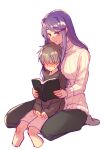  1boy 1girl bangs between_breasts black_pants book breasts brown_shirt child doki_doki_literature_club embarrassed feet_out_of_frame full_body grey_legwear hair_ornament hairclip half-closed_eyes height_difference holding holding_book large_breasts long_hair long_sleeves looking_down no_eyes pants person_between_breasts protagonist_(doki_doki_literature_club) purple_eyes purple_hair reading ribbed_sweater shiny shiny_hair shirt sidelocks simple_background sitting sitting_on_lap sitting_on_person smile socks sora_(efr) sweater tall_female tsurime turtleneck turtleneck_sweater very_long_hair white_background white_sweater younger yuri_(doki_doki_literature_club) 