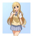  1girl :d bangs blonde_hair blue_background blue_eyes blue_ribbon blue_skirt blush commentary hair_between_eyes hand_on_own_chest highres k-on! kotobuki_tsumugi long_hair looking_at_viewer miniskirt open_mouth ribbon sakuragaoka_high_school_uniform school_uniform shirt short_sleeves simple_background skirt smile solace solo sweater_vest thick_eyebrows two-tone_background very_long_hair vest white_background white_shirt yellow_vest 