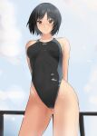  1girl absurdres amagami arms_behind_back bangs black_hair black_swimsuit blush bob_cut breasts commentary competition_swimsuit covered_navel highleg highleg_swimsuit highres looking_at_viewer nanasaki_ai one-piece_swimsuit short_hair smile solo swimsuit ykh1028 