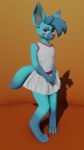  2022 3d_(artwork) anthro blue_body blue_fur blue_hair blush canid canine claws clothed clothing digital_media_(artwork) digitigrade dipstick_ears dipstick_tail dress eyebrows fox frilly full-length_portrait fur girly gradient_background grey_body grey_fur hair hands_together hi_res interlocked_fingers looking_at_viewer male mammal markings multicolored_clothing multicolored_ears orange_background pink_clothing pink_eyes portrait simple_background solo standing sundress tail_markings toe_claws two_tone_clothing username-password username_(character) white_clothing 