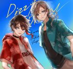  2boys absurdres black_choker black_shirt blue_eyes blue_shirt blue_sky brown_hair choker collared_shirt commentary_request dutch_angle ear_piercing highres kanae_(nijisanji) long_hair looking_at_viewer multicolored_hair multiple_boys nijisanji outdoors parted_lips piercing pipi ponytail red_hair red_shirt saegusa_akina shirt short_hair short_sleeves sky smile streaked_hair upper_body virtual_youtuber white_shirt 