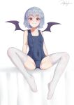  1girl :d absurdres alternate_costume arm_support bangs bare_shoulders bat_wings blue_hair blush breasts collarbone covered_navel eyebrows_visible_through_hair full_body grin highres littiecy looking_at_viewer no_hat no_headwear one-piece_swimsuit red_eyes remilia_scarlet short_hair simple_background sitting slit_pupils small_breasts smile solo spread_legs swimsuit thighhighs touhou white_background white_legwear wings 