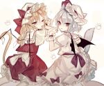  2girls ascot bat_wings blonde_hair blue_hair bow crystal dress flandre_scarlet frilled_sleeves frills hat hat_ribbon looking_at_viewer mob_cap multiple_girls open_mouth pink_dress puffy_short_sleeves puffy_sleeves red_bow red_eyes red_ribbon red_vest remilia_scarlet ribbon shirt short_hair short_sleeves side_ponytail skirt smile sorani_(kaeru0768) touhou vest white_background white_shirt wings yellow_neckwear 