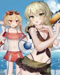  2girls bangs bikini blonde_hair blush breasts cleavage collarbone crystal day en_hair eyebrows_visible_through_hair flandre_scarlet frilled_bikini frilled_swimsuit frills green_eyes highres holding komeiji_koishi medium_hair multiple_girls navel off_shoulder open_mouth outdoors red_eyes short_hair sky small_breasts smile sorani_(kaeru0768) sunglasses swimsuit touhou water water_gun wings 