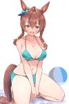  1girl absurdres ahoge animal_ears bikini blue_bikini blue_eyes bow braid breasts brown_hair cleavage commentary_request highres horse_ears horse_girl horse_tail kneeling kntrs_(knyrs) large_breasts light_brown_eyes long_hair looking_at_viewer mejiro_bright_(umamusume) smile solo striped striped_bow swimsuit tail twin_braids umamusume wavy_hair 