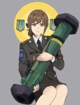  1girl bangs black_necktie blue_eyes brown_hair closed_mouth commentary_request cowboy_shot expressionless fgm-148_javelin highres holding holding_weapon looking_at_viewer medium_hair military military_uniform necktie original perfect_han rocket_launcher shirt sitting skirt solo st._javelin ukraine ukrainian_flag uniform weapon white_shirt 