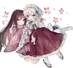  2girls apron black_hair blue_eyes bow braid collared_shirt dress full_body green_ribbon highres hime_cut houraisan_kaguya izayoi_sakuya japanese_clothes long_hair long_sleeves maid maid_headdress multiple_girls pink_shirt red_eyes ribbon shirt short_hair silver_hair skirt sleeves_past_wrists sorani_(kaeru0768) touhou twin_braids very_long_hair white_background wide_sleeves 