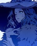  1girl blue_eyes blue_hair blue_skin blue_theme cape colored_skin cracked_skin elden_ring extra_arms extra_faces extra_hands fur_cape hand_on_hand hands_up hat hat_ornament jewelry long_hair moshimoshibe one_eye_closed ranni_the_witch ring solo upper_body witch witch_hat wreath 