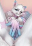  2022 anthro anus areola blue_eyes blue_pussy breasts butt collar collar_only cornfrogge digital_media_(artwork) domestic_cat felid feline felis female fur genitals hi_res mammal nipple_fetish nipple_play nude pink_areola pink_collar pink_nose pussy simple_background solo spread_pussy spreading teeth white_body white_fur 