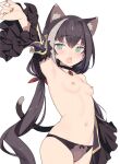  1girl animal_ears armpits bare_shoulders black_choker black_hair black_panties blade_(galaxist) breasts cat_ears cat_tail choker collarbone detached_sleeves eyebrows_visible_through_hair fang green_eyes highres karyl_(princess_connect!) long_hair low_twintails multicolored_hair nipples open_mouth panties princess_connect! red_ribbon ribbon simple_background skin_fang small_breasts solo streaked_hair tail topless twintails underwear very_long_hair white_background white_hair 