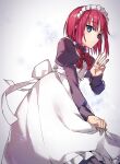  1girl absurdres apron blue_eyes bow bowtie closed_mouth collared_shirt highres hisui_(tsukihime) long_sleeves looking_at_viewer maid maid_headdress purple_shirt red_bow red_bowtie red_hair shigure_(shigure_43) shiny shiny_hair shirt short_hair solo tsukihime white_apron wing_collar 
