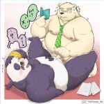  2022 96panda alp_(tas) anthro balls belly blush duo erection eyewear genitals giant_panda glasses hi_res humanoid_genitalia humanoid_hands humanoid_penis kemono leib_(tas) lifewonders lying male male/male mammal moobs necktie nipples overweight overweight_male penis polar_bear purple_body sex smoking text tokyo_afterschool_summoners ursid ursine video_games white_body 