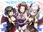  3girls ahoge breasts brown_hair cape cleavage closed_eyes demon_horns double_v drill_hair ebihara_naho elbow_gloves fake_horns gloves grey_hair hair_intakes highres holding holding_sign horns idolmaster idolmaster_cinderella_girls idolmaster_cinderella_girls_starlight_stage kanzaki_ranko kohinata_miho large_breasts leotard mesh multiple_girls plaid plaid_skirt pleated_skirt ponytail sign skirt skull_collar thighhighs toruneko twintails v wings 