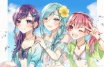  3girls ;d aryuma772 ball beachball bikini blue_eyes blue_hair blue_jacket bracelet breasts character_request cleavage closed_mouth collarbone dress_shirt earrings flower gradient gradient_jacket green_shirt grey_bikini hair_flower hair_ornament hairband hand_on_shoulder hibiscus highres jacket jewelry long_hair medium_breasts mole mole_under_eye multiple_girls one_eye_closed open_clothes open_jacket open_shirt pendant pink_hair purple_hair red_eyes shiny shiny_hair shirt short_sleeves smile striped swimsuit twintails upper_body very_long_hair white_bikini yellow_flower 