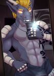  2018 abs anthro arm_tattoo biceps blonde_hair bottomwear clothing denim denim_clothing detailed_background digital_media_(artwork) dog_tags dragon fcsimba fingers grey_body grey_scales hair hi_res horn jaren_(foxyrexy) jeans looking_at_viewer male mirror_selfie multicolored_body multicolored_scales muscular muscular_anthro muscular_male pants pecs phone scales scalie selfie short_hair smile solo standing tattoo teeth two_tone_body two_tone_scales unzipped unzipped_pants western_dragon yellow_eyes 